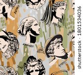 Trending Greek Gods Vector Art Portrait Seamless Pattern. Colorful  Drawing of Greek Gods