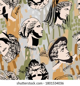 Trending Greek Gods Vector Art Portrait Seamless Pattern. Colorful  Drawing Of Greek Gods