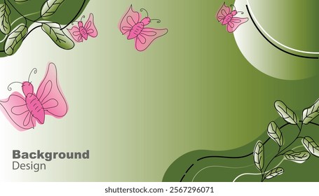 Trending Green Gradient background design, with leafs and butterflies