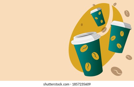 Trending green paper coffee cup. A cup of aromatic hot coffee to go. Three cups of coffee isolated on a champagne color background. Vector illustration with place for text