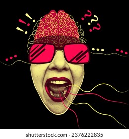 Trending halftone style collage poster. Scream, hate, fake news concept. Open mouth, teeth, lips and cut out text . Punk y2k retro magazine clippings on black background. Vector illustration