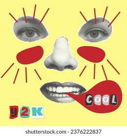Trending halftone style collage square avatar. Smiling mouth, teeth, lips and cut out text . Punk y2k retro magazine clippings on yellow background. Vector illustration.