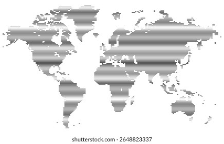 Mapa de mundo de linhas horizontais em forma de tendência com padrões poligonais. América, Europa, África e Ásia emergem através de linhas abstratas. Projetado para visuais de comunicação global.