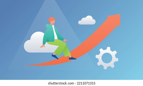 A trending illustration in which a guy is sitting on a cloud, watching the growing indicators and floating gear. Dribble style.