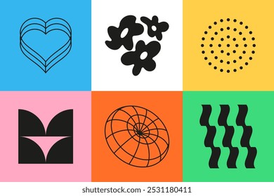 Imágenes de moda con sombras y líneas - conjunto de ilustraciones coloridas de estilo de diseño plano. Forma de corazón, flores borrosas, círculo de puntos, elipse volumétrica y zigzags. Abstracción e idea de Elementos