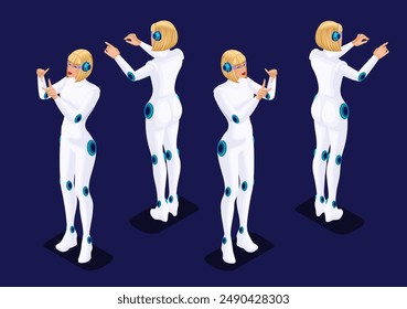 Trending Isometric Cyborg Artificial Intelligence. 3D Cyborg Woman hand and foot gestures, front view and back view highlighted on a dark background. Vector illustration