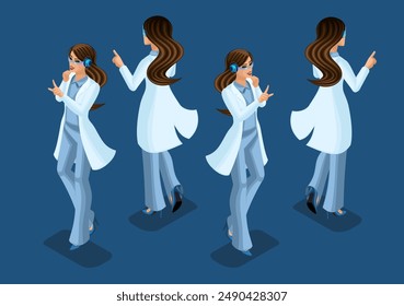 Trending Isometric Cyborg Artificial Intelligence. 3D Cyborg Woman hand and foot gestures, front view and back view highlighted on a dark background. Vector illustration Set 2