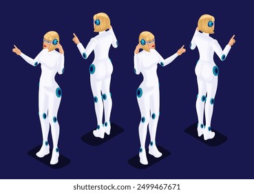 Trending Isometric Cyborg Artificial Intelligence. 3D Cyborg Woman hand and foot gestures, front view and back view highlighted on a dark background. Vector illustration Set 7.