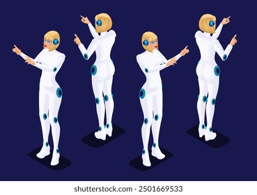 Trending Isometric Cyborg Artificial Intelligence. 3D Cyborg Woman hand and foot gestures, front view and back view highlighted on a dark background. Vector illustration Set 6.