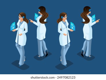 Trending Isometric Doctors. 3D Female surgeon, Medical worker, hand and foot gestures, front view and back view. Vector Illustration Set 4