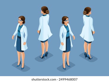 Trending Isometric Doctors. 3D Female surgeon, Medical worker, hand and foot gestures, front view and back view. Vector Illustration Set 3.