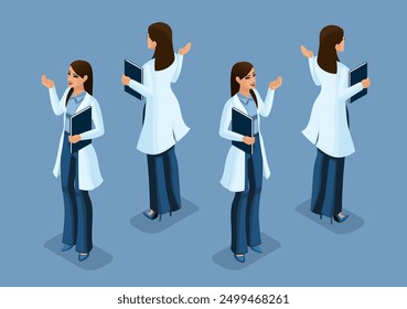 Trending Isometric Doctors. 3D Female surgeon, Medical worker, hand and foot gestures, front view and back view. Vector Illustration Set 2.