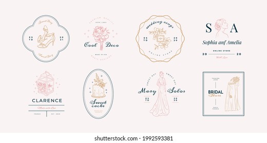 Patrón del logotipo de moda para boda, agencia de boda, decoración, decoración de bodas, fotógrafo, agencia de eventos. Tipografía elegante, ilustración lineal, arte lineal