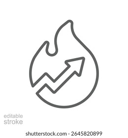 Trending Now Editable Stroke Icon. Outline Fire and Up Arrow Icon Representing Viral Trend, Hot Growth, and Popular Data in Thin Line Style for Business, Marketing, and Digital Media