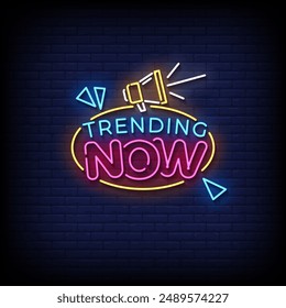 trending now neon sign vector with brick wall background