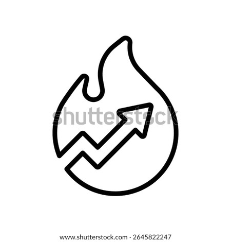 Trending Now Outline Icon. Fire and Up Arrow Icon Representing Viral Growth, Popular Trend, and Market Buzz in Thin Line Style