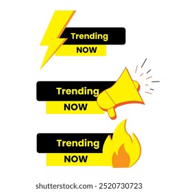 Un diseño de ilustración de etiqueta "Trending Now" generalmente presenta Elementos audaces y llamativos para captar la atención. El diseño a menudo incluye Fuentes dinámicas, colores vibrantes e íconos modernos como flechas, abeto