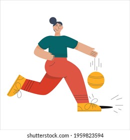Trending person plays ball isolated on white background. Girl with ball plays basketball or soccer. Vector illustration in a flat linear style. Summer entertainment.