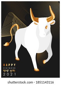 Afiche de tendencia con el símbolo de 2021. Deséenle un feliz Año Nuevo Chino. Un gran toro blanco con cuernos dorados, pezuñas y una cola. Ilustración de material vectorial. Delgadas líneas doradas sobre un fondo negro.