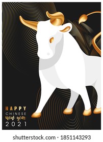 Trending poster with wishes for a Happy Chinese New Year. A large white bull with golden horns, hooves and a tail. Symbol of 2021. Thin golden lines on a black background. Vector stock illustration.