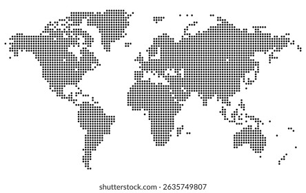 Trending realista pontilhado mapa do mundo difamando fronteira abstrata do país em forma pontilhada. Um mapa gráfico pontilhado do mundo de continentes de Terras em um padrão de meio-tom único. Apresentações globais do World Map