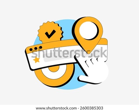 Trending search in browser address bar with SEO vector icon, search bar, location pin and verified badge. Symbolizing local trending search, online ranking and business visibility. Vector illustration