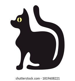 Trending shapes modern flat design style. Silhouette of a black cat with a yellow eye on a white background. Side view of a funny curved cat sitting. Design of social networks, sale banners for hluin