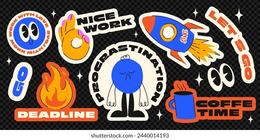 Trending stickers with funny illustrations on the topic of work, motivation, and procrastination. 