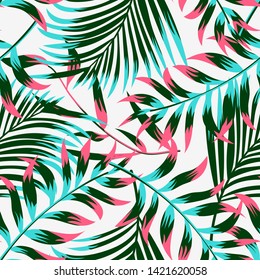 Trending summer tropical seamless pattern with leaves and plants on white background. Vector design. Jungle print. Floral background. Printing and textiles.