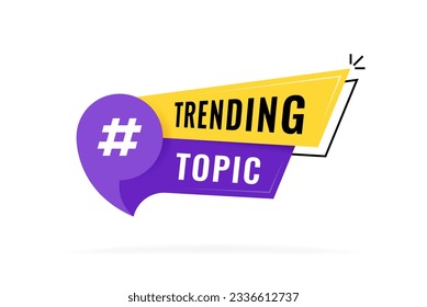 Diseño de insignias de tema de tendencia. Banner publicitario colorido con inscripción de temas de tendencia y signo de etiqueta. Ilustración vectorial moderna.