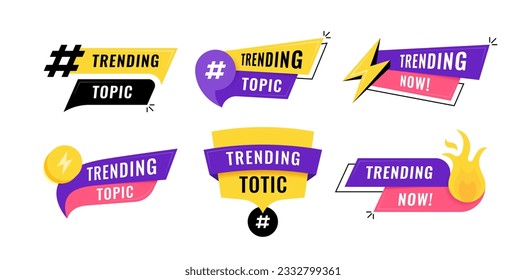 Diseño de insignias de tema de tendencia. Banners publicitarios coloridos y superpuestos con la inscripción de temas Trending. Ilustración vectorial moderna.