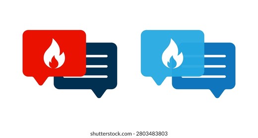 Trending Topic icon set. Red and blue chat icons with flame symbols, representing hot topics of conversations. vector illustration on white background