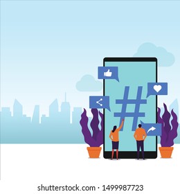 Trending topics flat vector concept couple hold phone around big hash tag. Illustration For Wallpaper, Banner, Background, Infographic, Book Illustration, And Web Landing Page.