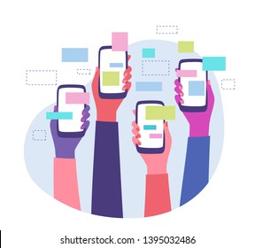 Trending topics and global communication. Diverse group of friends sharing news and messages on social media groups. Hands holding smartphones with online content around. Flat style vector