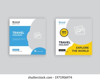 Trending Travel Social Media Template. Adventure web post banner design 