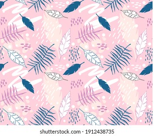 Tendencia y diseño sin fisuras con doodles dibujados a mano, plumas, hojas de árboles exóticos. Líneas y puntos. Colores Pastel en fondo vectorial
