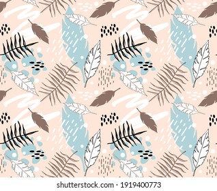 Trending and trendy seamless pattern with hand drawn doodles, feathers, exotic tree leaves. Lines and spots. Pastel colors in vector background