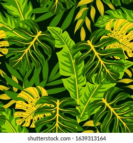 Trending tropical seamless pattern. Colorful tropical leaves and plants on a dark background. Vector background for various surface. Summer Hawaii print.  Floral pattern.