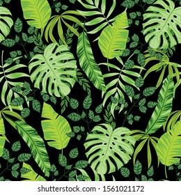 Trending tropical seamless pattern with leaves and plants on a dark background. Exotic wallpaper, Hawaiian style. Vector background for various surface. Floral pattern. Jungle leaves.
