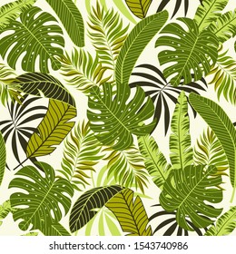 Trending tropical seamless pattern with plants and leaves. Summer background with exotic leaves. Exotic wallpaper, Hawaiian style. Vector background for various surface. Jungle leaves.