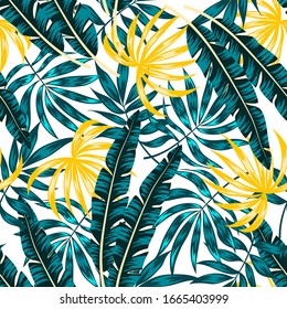 Trending tropical seamless pattern with plants and leaves. Summer background with exotic leaves. Exotic wallpaper, Hawaiian style. Vector background for various surface. Jungle leaves.