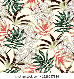 Trendige tropische nahtlose Muster mit Pflanzen und Blättern. Sommerhintergrund mit exotischen Blättern. Exotische Tapete, hawaiianischer Stil. Vektorhintergrund für verschiedene Oberflächen. Dschungelblätter.