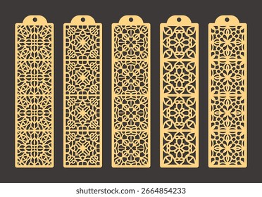 Trending vector set of 05 templates for laser cut. Elegant modern design with abstract geometric patterns, floral ornaments. Stencils for CNC cutting of wood, paper, metal, plastic. Aspect ratio 1:4