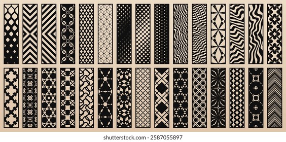 Trending vector set of 30 templates for laser cut. Elegant modern design with abstract geometric patterns, floral ornaments. Stencils for CNC cutting of wood, paper, metal, plastic. Aspect ratio 1:4