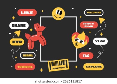 Trending and viral social media post concept with photo frame, stickers, and emoji character.