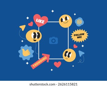 Trending e conceito de mídia social viral post com moldura de foto, adesivos e personagem emoji.