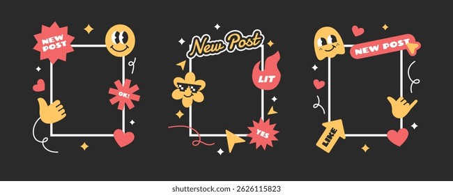 Trending and viral social media post concept with photo frame, stickers, and emoji character collection.