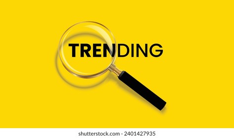 Trending word with magnifying glass poster concept design isolated on yellow background.