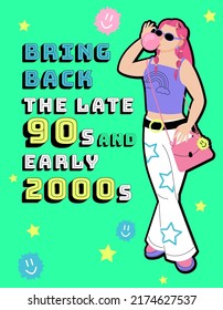 Trending Y2K vertical poster. Late 90s early 2000s. Trendy, free, bubbly, fun aesthetic. Nostalgia concept. Editable vector illustration in bright pink, lime, violett colors. 