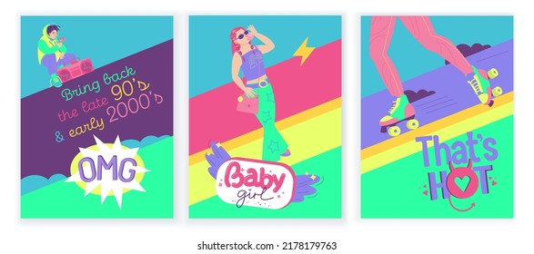 Trending Y2K vertical posters set. Late 90s early 2000s. Trendy, free, bubbly, fun aesthetic. Nostalgia concept. Editable vector illustration in bright pink, lime, violett colors. Banners collection